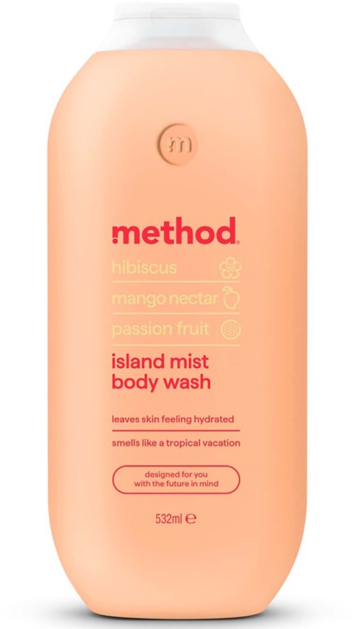 Ljus aprikosfärgad flaska med Method island mist body wash med doft av hibiskus, mango och passionsfrukt.