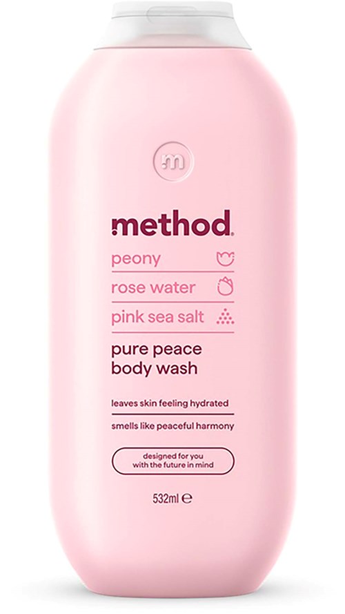 En rosa flaska med Method Pure Peace kroppstvål med blom- och vattendroppeikoner, 532 ml kapacitet.