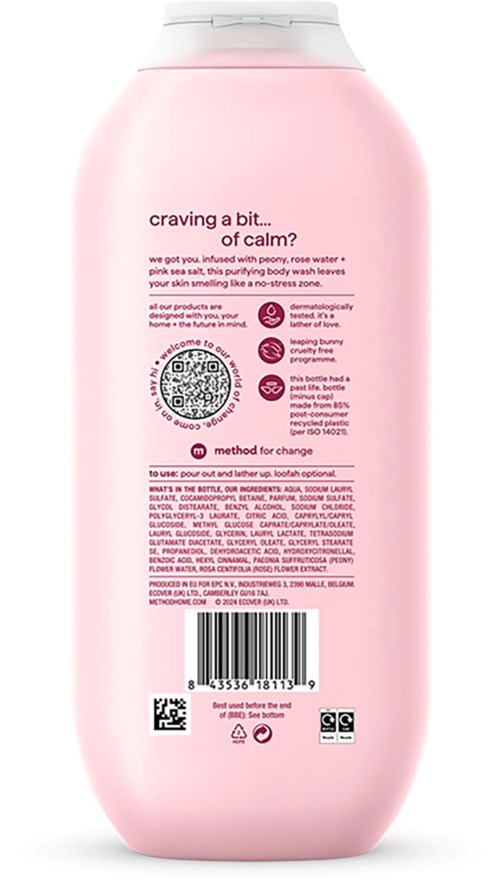 Ljusrosa flaska med vit lock och produktinformation på baksidan, inklusive ingredienser och streckkod.