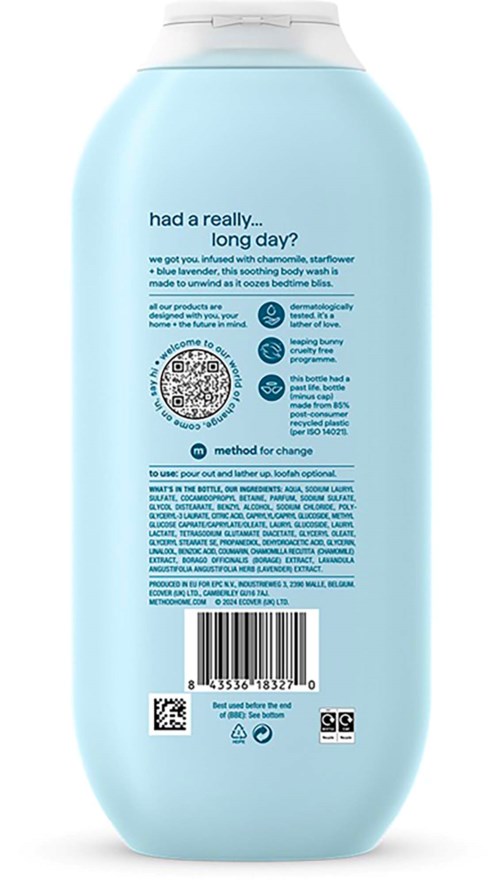 Ljusblå flaska med vit lock, innehåller en body wash för sänggående, visar produktbeskrivning och streckkod på etiketten bak.
