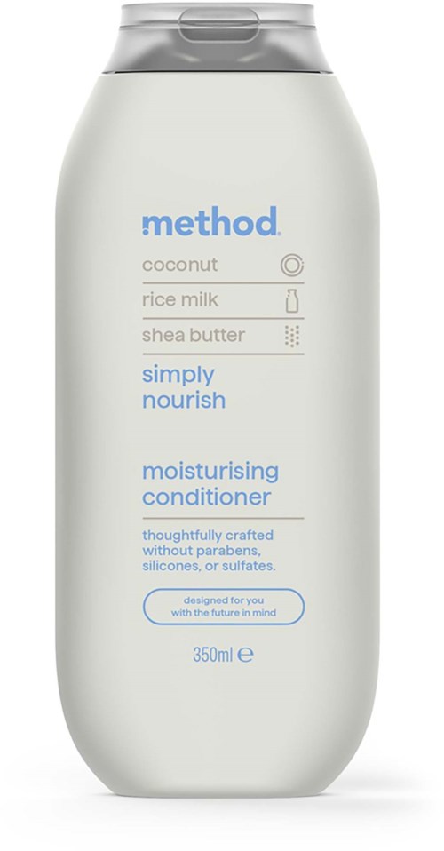 Etikett på ett återfuktande balsam med kokos, rismjölk och shea smör, 350 ml, utformat för att hydrera håret.