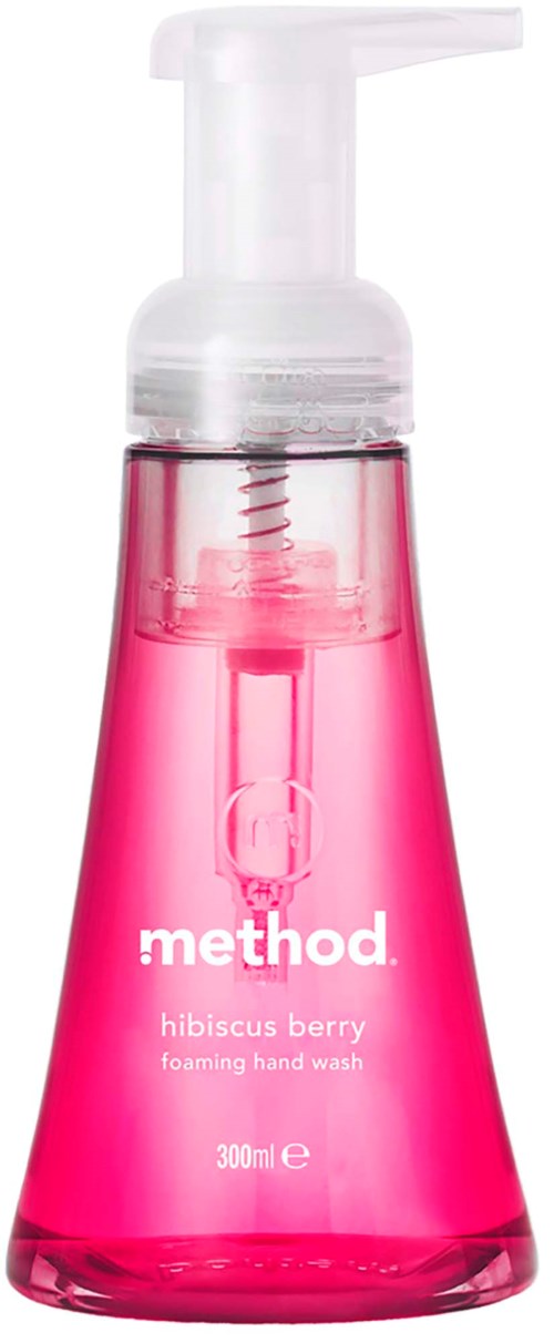 Rosa flytande tvålpumpflaska med pump, märkt method hibiskusbär skummande handtvätt, 300 ml.