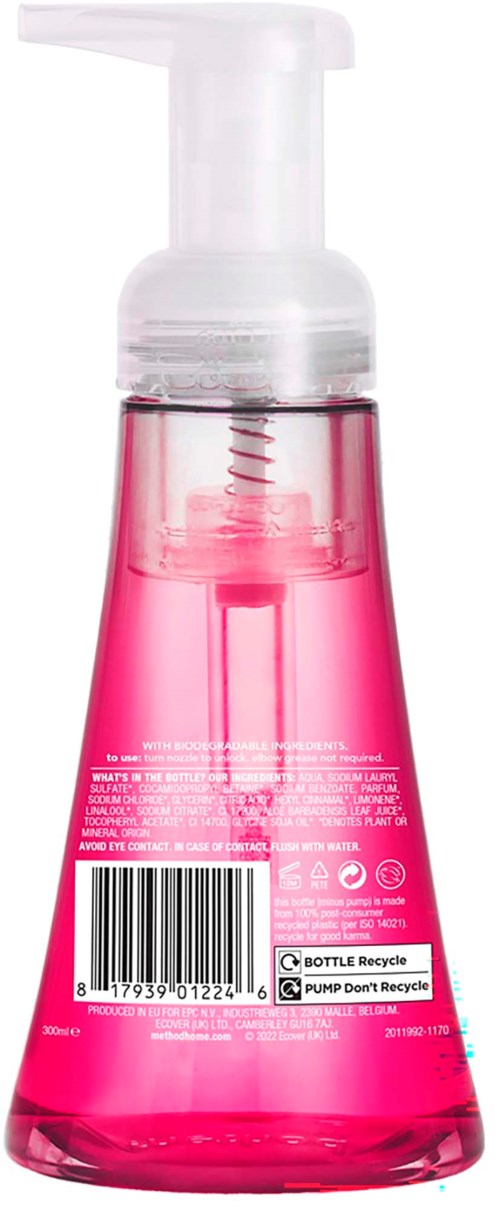 Pink flytande tvålldispensare med vit pump, transparent behållare som visar vätskan inuti och streckkod på baksidan.