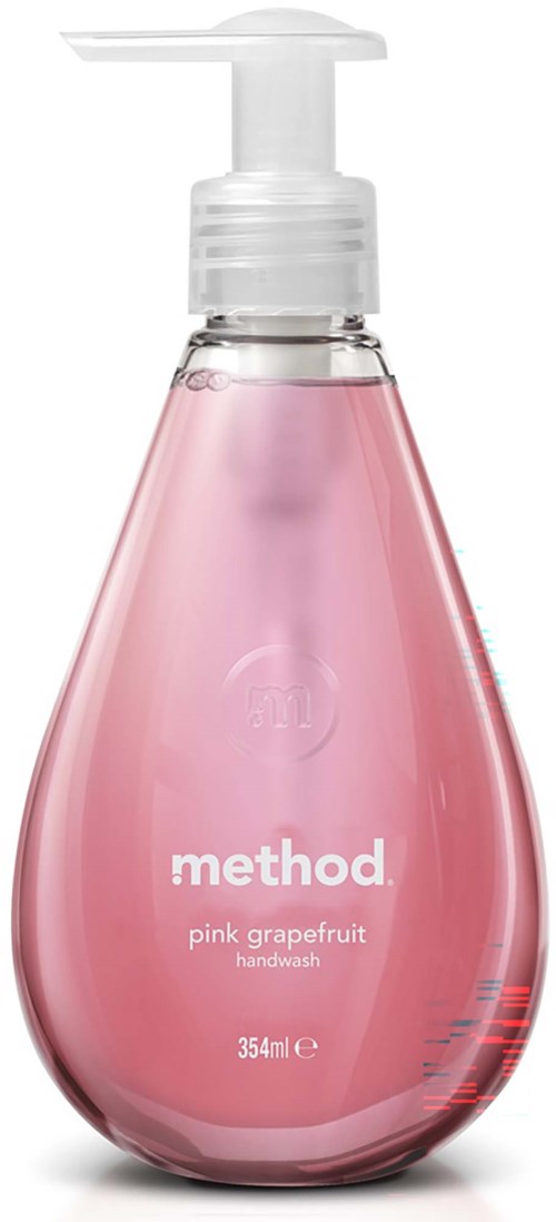 Ljusrosa flytande handtvättflaska med vit pump, märkt method pink grapefruit handwash, 354 ml.