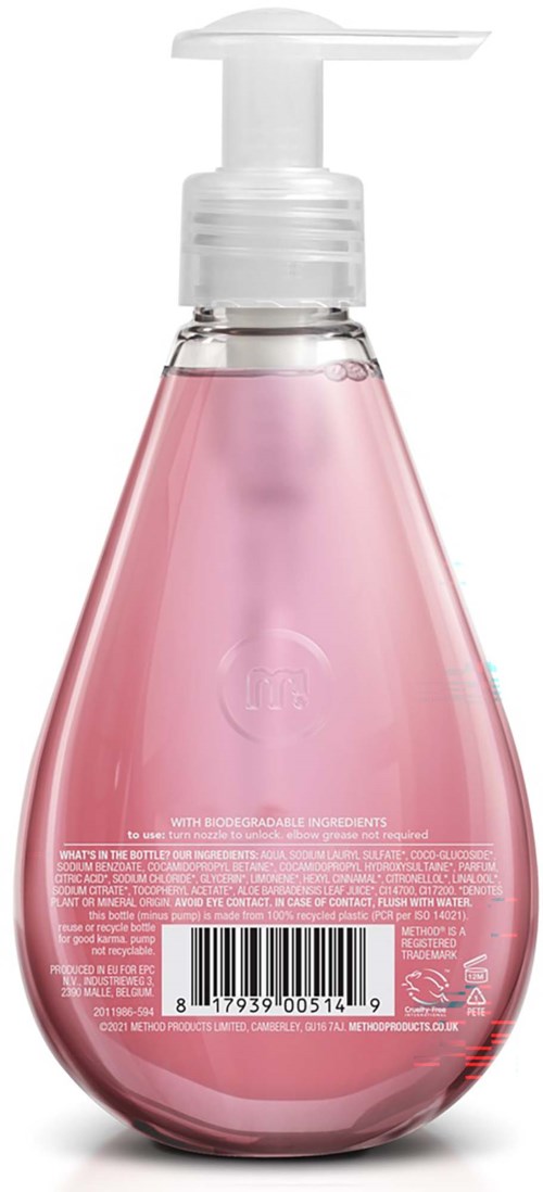 Rosa flytande tvål i en genomskinlig pumpflaska med vit pumplock.