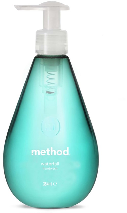 En droppformad, turkos handtvättflaska med vit pump och genomskinlig topp, märkt method waterfall handwash, 354 ml.