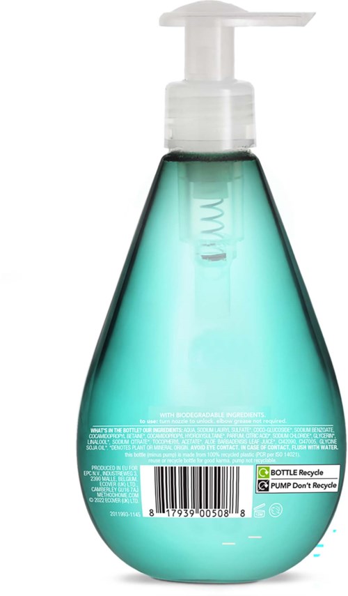 En teal färgad flytande tvål i en klar, tårformad flaska med vit pump ovanpå, återvinningssymboler på etiketten.
