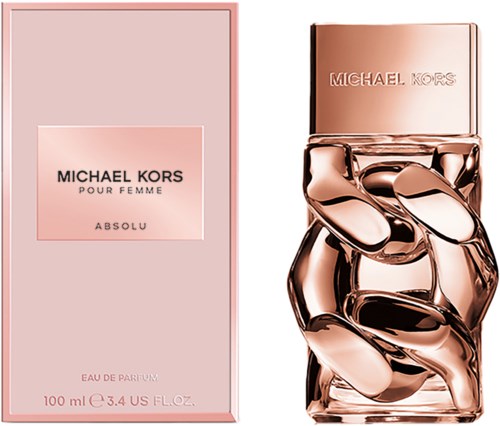 Een roze parfumdoos en fles met kettingachtig ontwerp, gelabeld 'Michael Kors Pour Femme Absolu' en 'Eau de Parfum.'