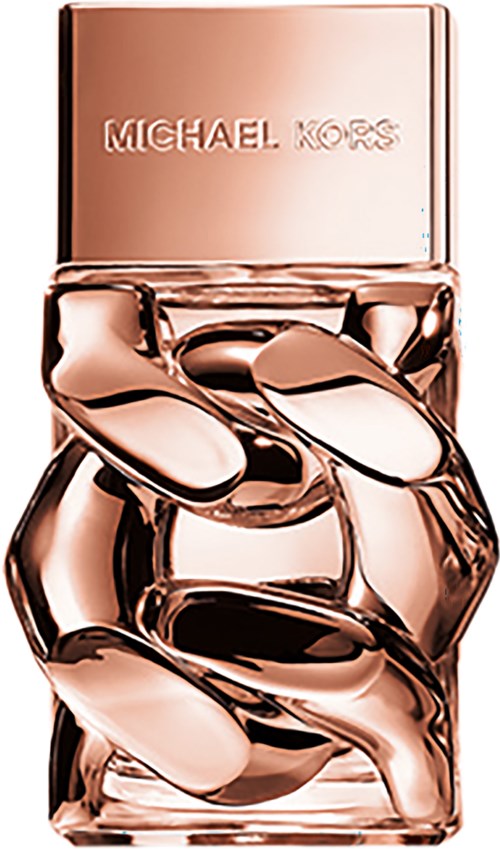 Een roségouden parfumfles met een unieke, gekreukelde vorm en de merknaam Michael Kors bovenaan.
