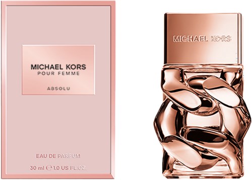 Een parfumfles en doos in roze en roségouden kleuren, gemerkt Michael Kors en Absolu.