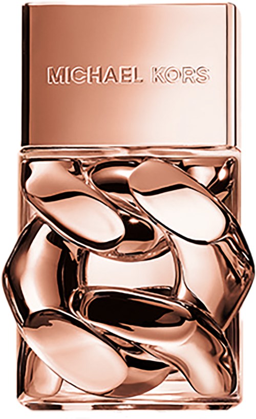 Een parfumfles met rosé goudkleur en metallic ontwerp, met 'MICHAEL KORS' op de dop.