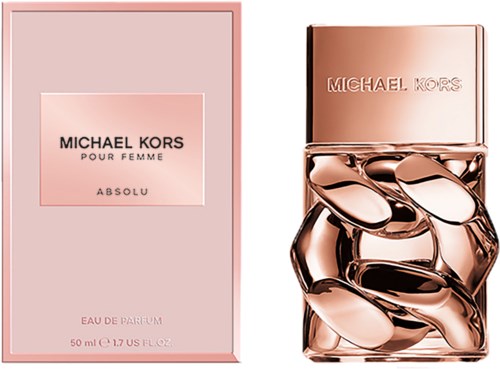 Een roze parfumdoos en een glanzende roségouden fles met het Michael Kors-logo.