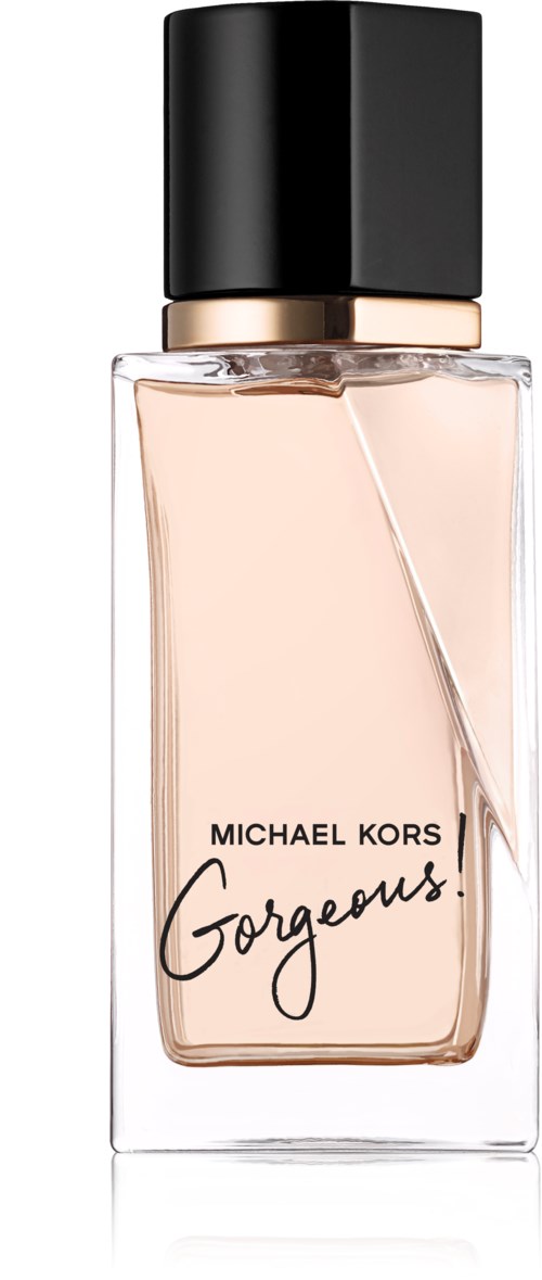 Een parfumfles met een zwarte dop, lichtroze vloeistof binnenin, en de woorden 'Michael Kors Gorgeous!' op de voorkant.
