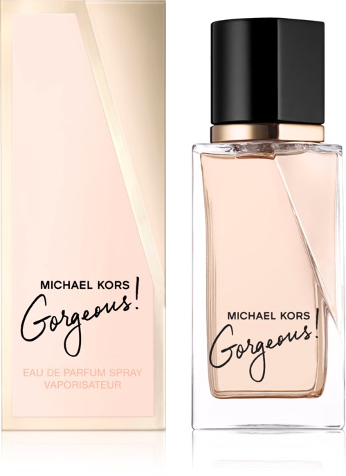 Een parfumfles en doos met "Michael Kors Gorgeous!" label, lichtroze vloeistof, zwarte dop.