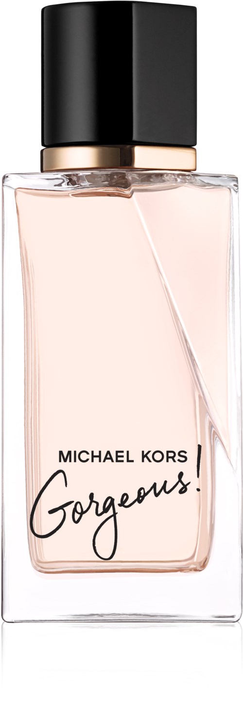 Een parfumfles met zwarte dop en lichtroze vloeistof, gelabeld 'Michael Kors Gorgous.'