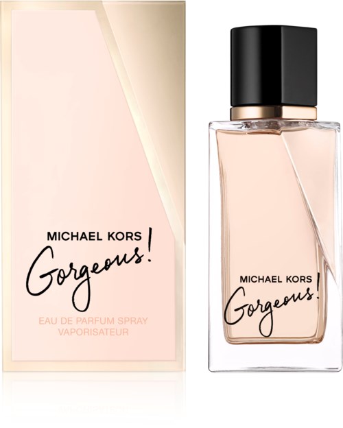 Een parfumfles en doos met 'Michael Kors Gorgeous!' en lichtroze vloeistof erin.