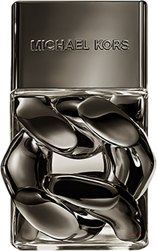 Een zwart-silverkleurige Michael Kors parfumfles met een uniek, geknoopt ontwerp erin.