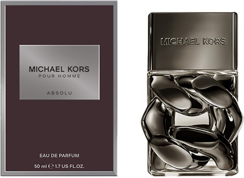 Een doos en een fles Michael Kors Absolu parfum, beide elegant en zwart. De doos heeft een label met basisinformatie.
