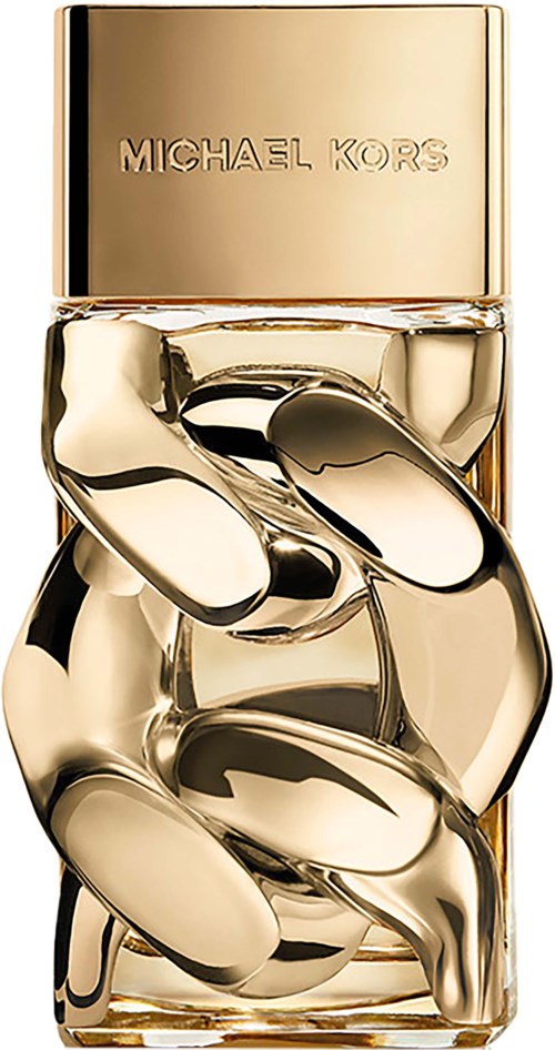 Een gouden fles met een kettendesign aan de voorkant en de naam Michael Kors bovenaan.