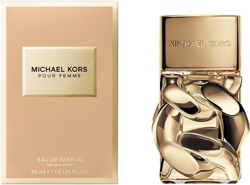 Een parfumfles met een gouden ketenontwerp en een roze doos met de merknaam Michael Kors.