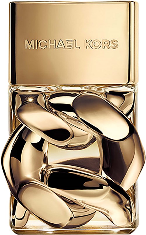 Een goudkleurige fles met ringen erin en de tekst 'MICHAEL KORS' bovenaan.