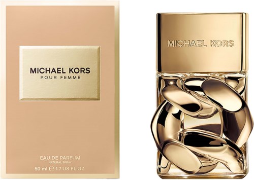 Een parfumdoos en fles van Michael Kors, elegant goudontwerp, met ringen als decoratie, geurnaam op doos.