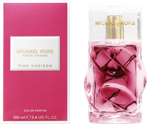 Pink Horizon hajuvesi Michael Korsilta kirkkaassa pullossa, jossa on pinkkejä kieppejä ja kultainen suutin, vieressä pinkki pakkaus.