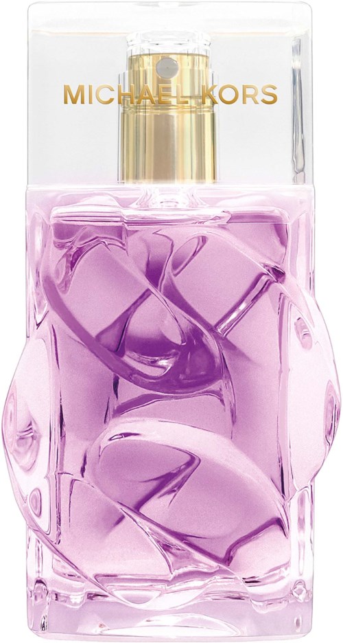 Violetin värinen hajuvesipullo, jossa kulta-korkki ja läpinäkyvä muovinen laatikko, jossa Michael Kors -logo.