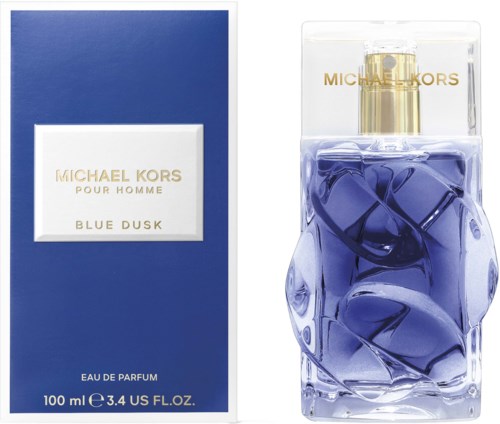 Michael Kors Blue Dusk tuoksupullo ja pakkaus, kultaiset yksityiskohdat, kirkas kansi ja violetin neste.
