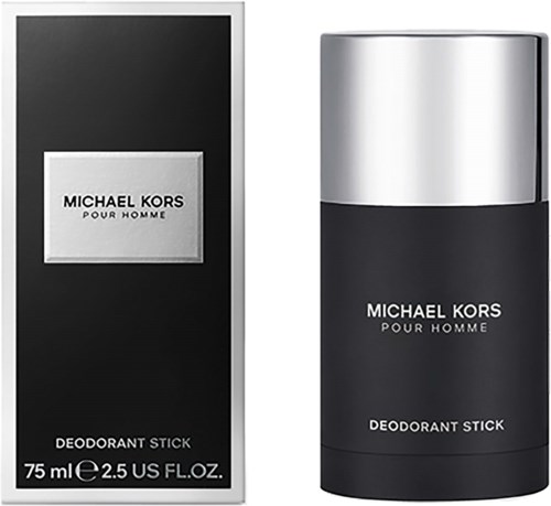 Dit is een deodorant stick met zwart en zilveren verpakking, gemerkt 'Michael Kors Pour Homme.'