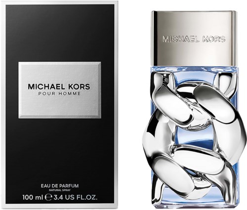 Een parfumfles met een kettingontwerp en zwarte verpakking voor Michael Kors geur.