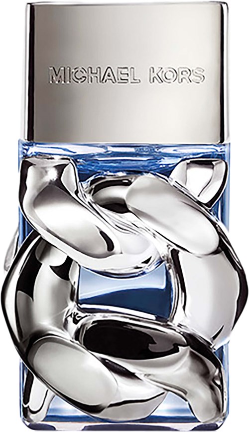 Een fles Michael Kors-parfum met een metalen dop en een zilveren knoopontwerp op de fles.