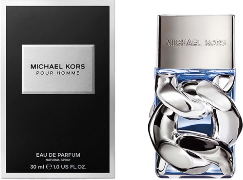Een parfumfles met een kettingontwerp en een zwart-wit doos, beide gemerkt Michael Kors, Pour Homme.