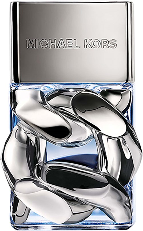 Een heldere glazen fles bevat een zilverkleurige, slangvormige sieraden. De naam Michael Kors is gegraveerd bovenop.