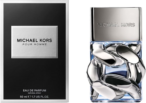 Een parfumfles met een zilveren dop en een doos met zwart en zilver kleuren, met "Michael Kors" tekst.