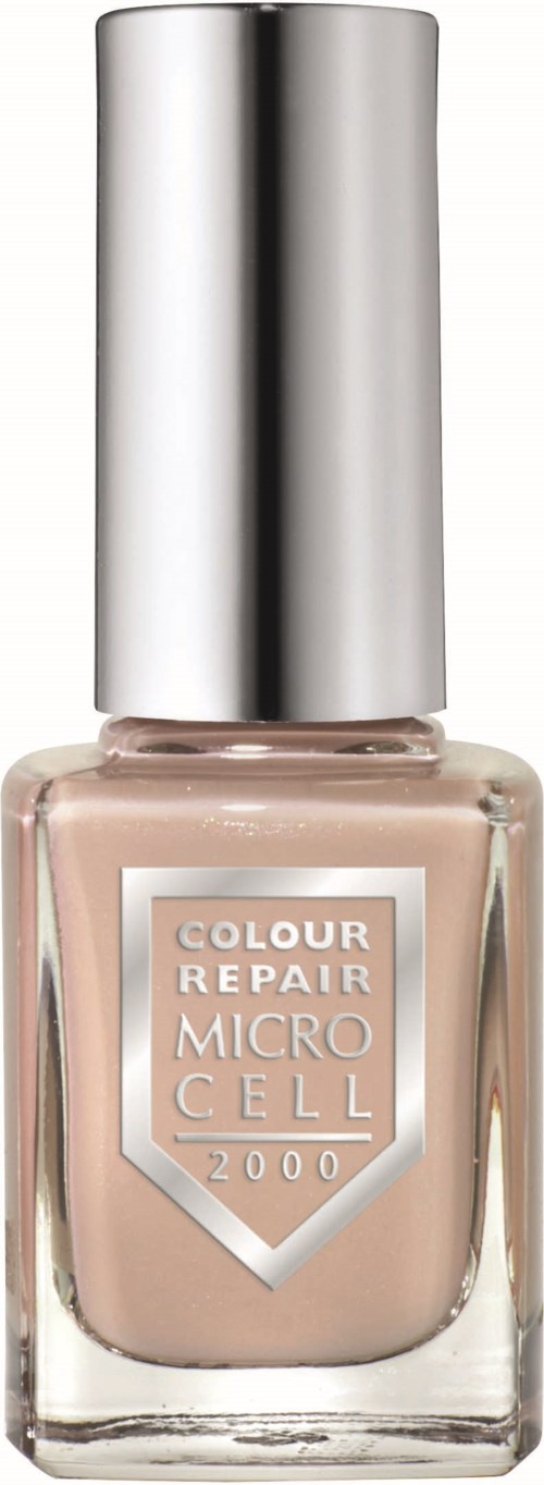 A beige nail polish bottle with a metallic silver cap and a label that says Colour Repair Micro Cell 2000.