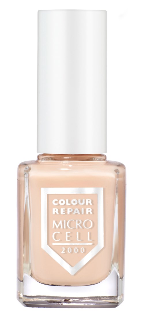A bottle of nail polish labeled 'Colour Repair Micro Cell 2000' with a white cap.