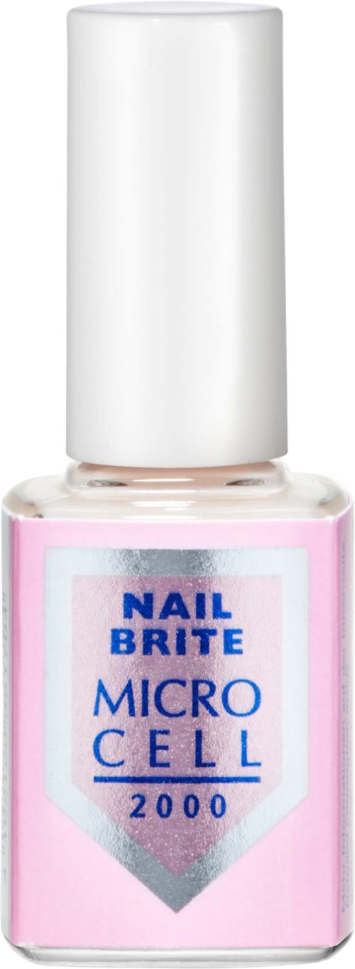 A small bottle of nail polish with a white cap, pink bottle, and blue text on the label.