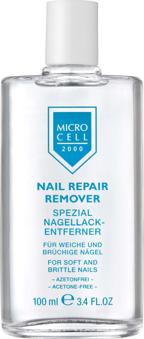 A clear bottle labeled 'Nail Repair Remover' with blue and white text, containing liquid for nail care.