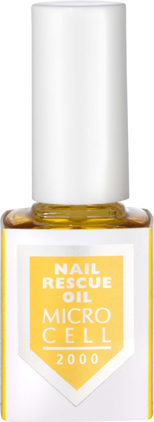Small bottle of nail rescue oil with a white cap and yellow label.