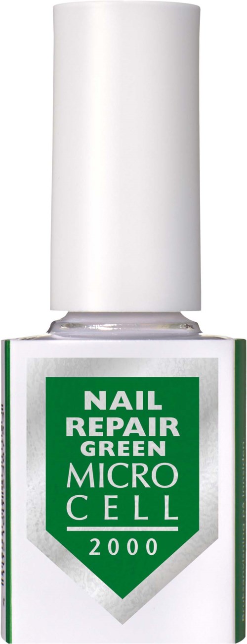 Green nail polish bottle with a white cap and label reading 'Nail Repair Green Micro Cell 2000'.