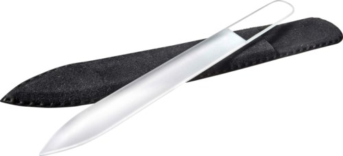 A foot file with a handle, resting on a black soft case. Used for smoothing skin on feet.