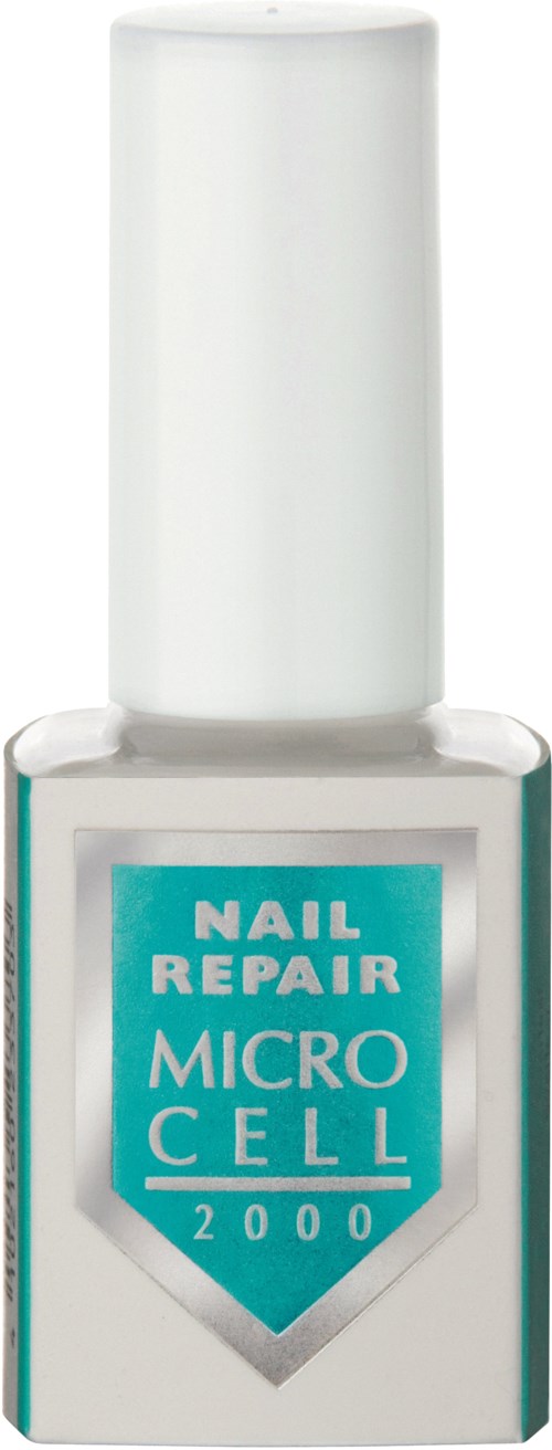 A small nail polish bottle with a white cap and a turquoise and white label that says 'NAIL REPAIR MICRO CELL 2000.'