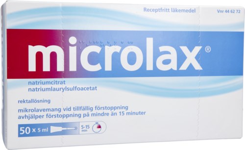 Medicinförpackning för Microlax, ett laxermedel för snabb lindring av förstoppning, med 50 stycken 5 ml doser.