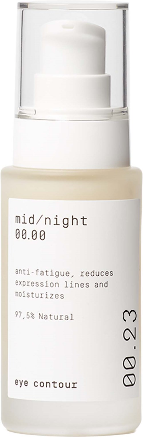 Eine weiße Flasche mit Pumpe, beschriftet für die Augenkontur, deutet auf ein Hautpflegeprodukt für die Nacht hin.