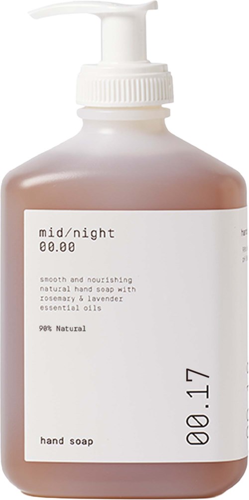 A brown bottle with a white pump contains hand soap, labeled as natural with rosemary and lavender oils.