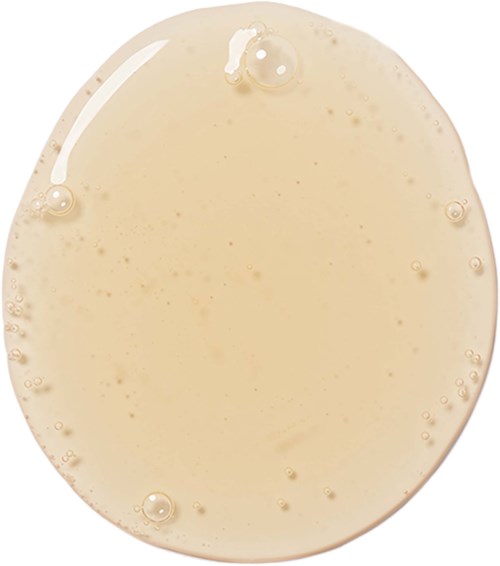 A creamy, beige liquid with small bubbles in an oval shape. It appears smooth and thick.