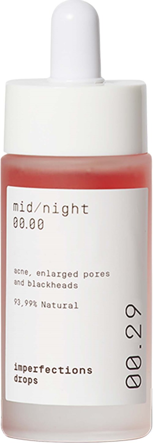 Kleine Hautpflegeflasche mit 'mid/night'-label und Pipette, für Akne und schwarzeheads, 93,99% natürlich.