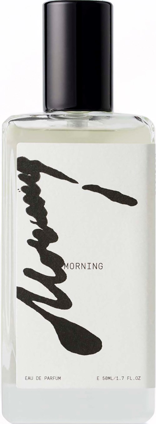 Przezroczysta butelka z czarnym korkiem, oznaczona 'morning' i 'eau de parfum'. To jest produkt zapachowy.