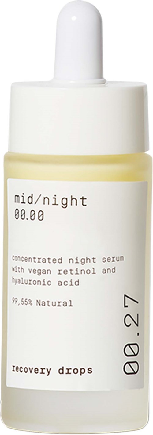 A small bottle with a dropper, labeled as a night serum with vegan ingredients and hyaluronic acid.
